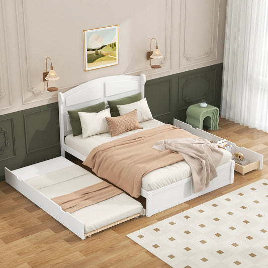 Wood Queen Platform Bed with Trundle and Drawers white wood frame with built-in storage on Tampa Home & Garden Store