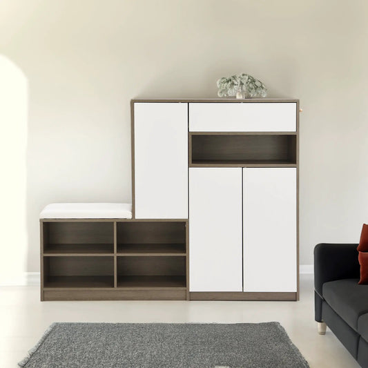 On-Trend 2-in-1 shoe storage bench and cabinet with white doors and wood frame cubbies on Tampa Home & Garden Store