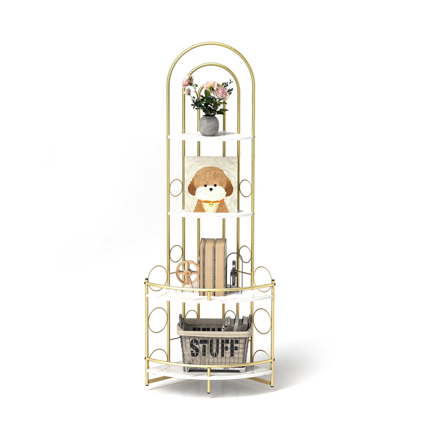 Gold 4-Tier Corner Bookshelf, Modern Style, Plant Stand with Metal Frame - Tampa Home & Garden Store