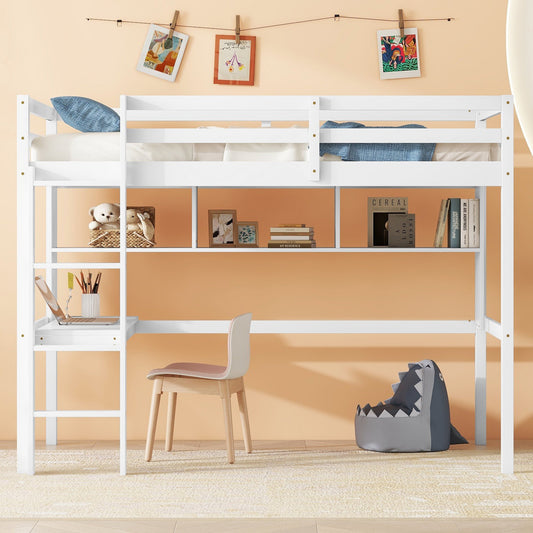 Twin Loft Bed with built-in desk and bookcase of three compartments, Guardrails and Ladder,White - Tampa Home & Garden Store