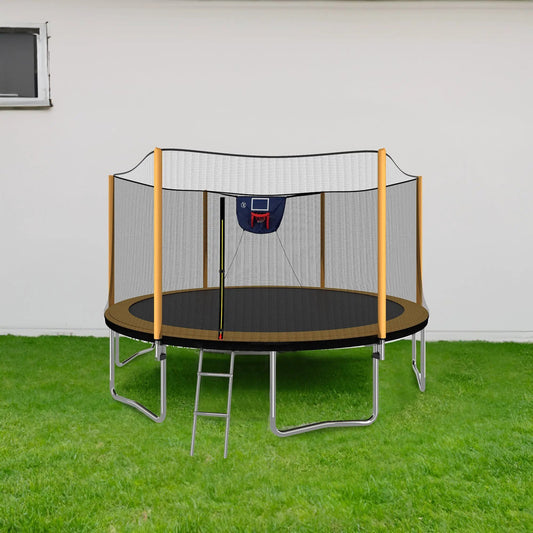 14ft orange-frame trampoline with safety net, built-in basketball hoop and ladder on Tampa Home & Garden Store