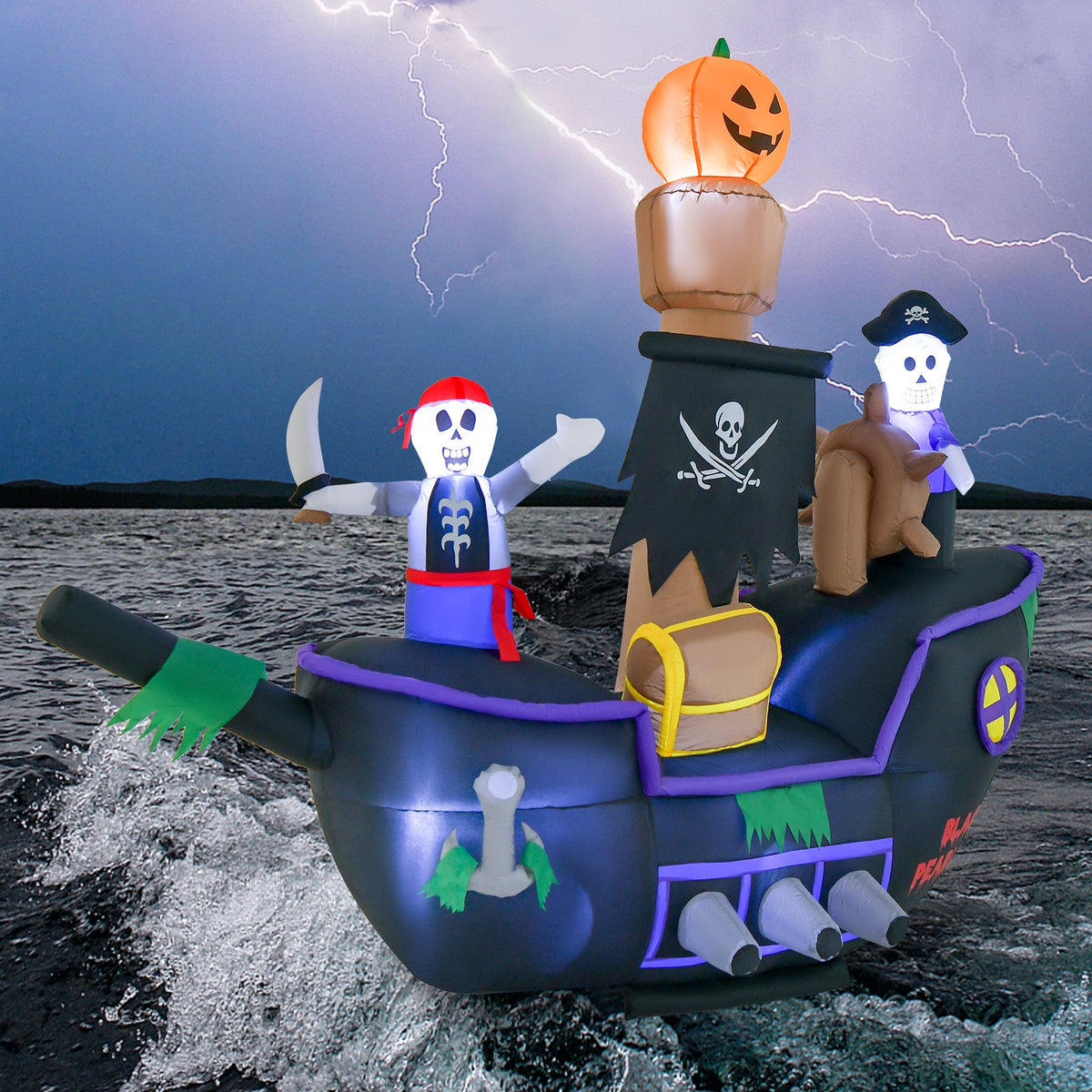 7 ft Halloween inflatable pirate ship with LED pumpkin top, pirates and skull flag, DirectDeals on Tampa Home & Garden Store
