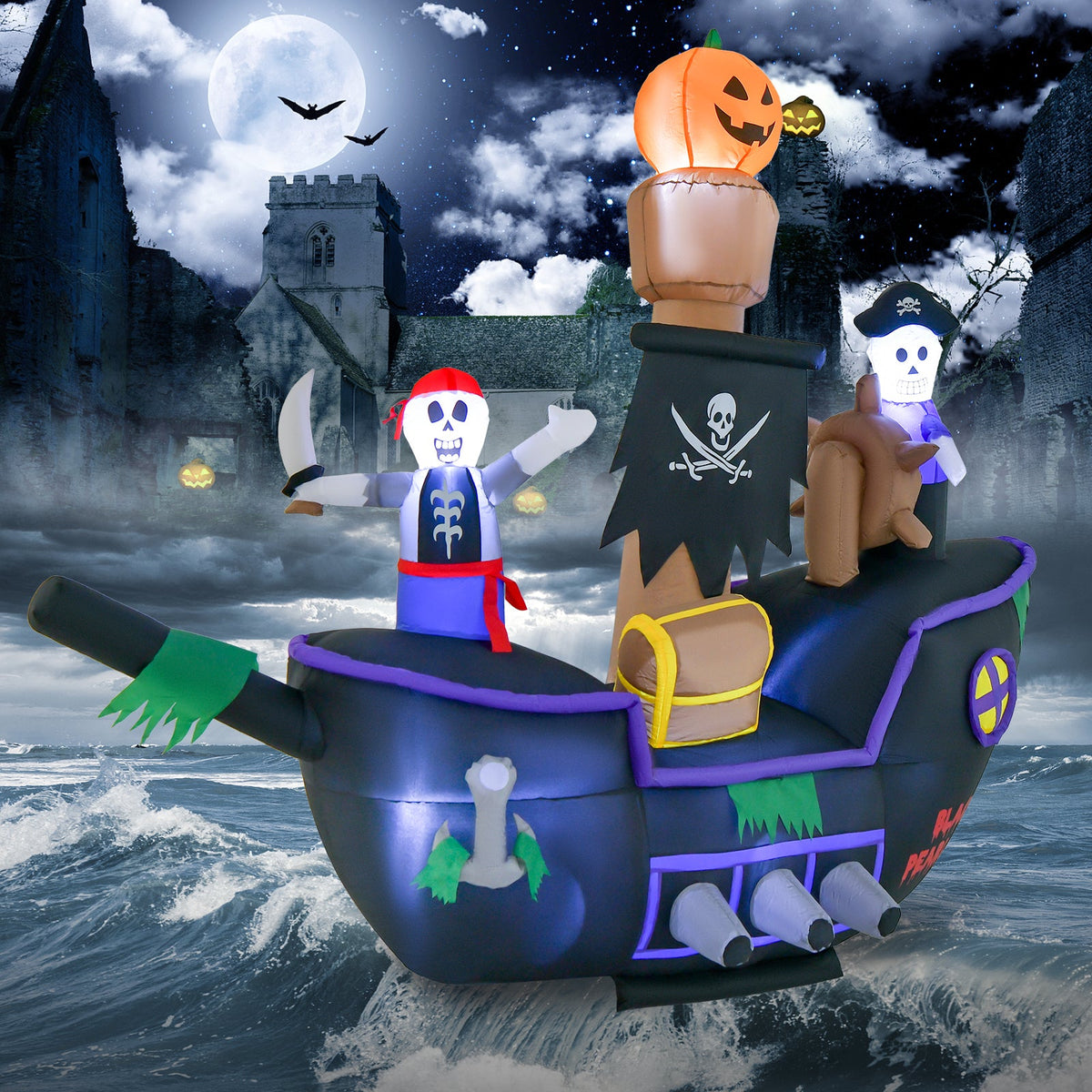 7 ft inflatable pirate ship with LED lights and blower, skeleton pirates and pumpkins atop seas on Tampa Home & Garden Store