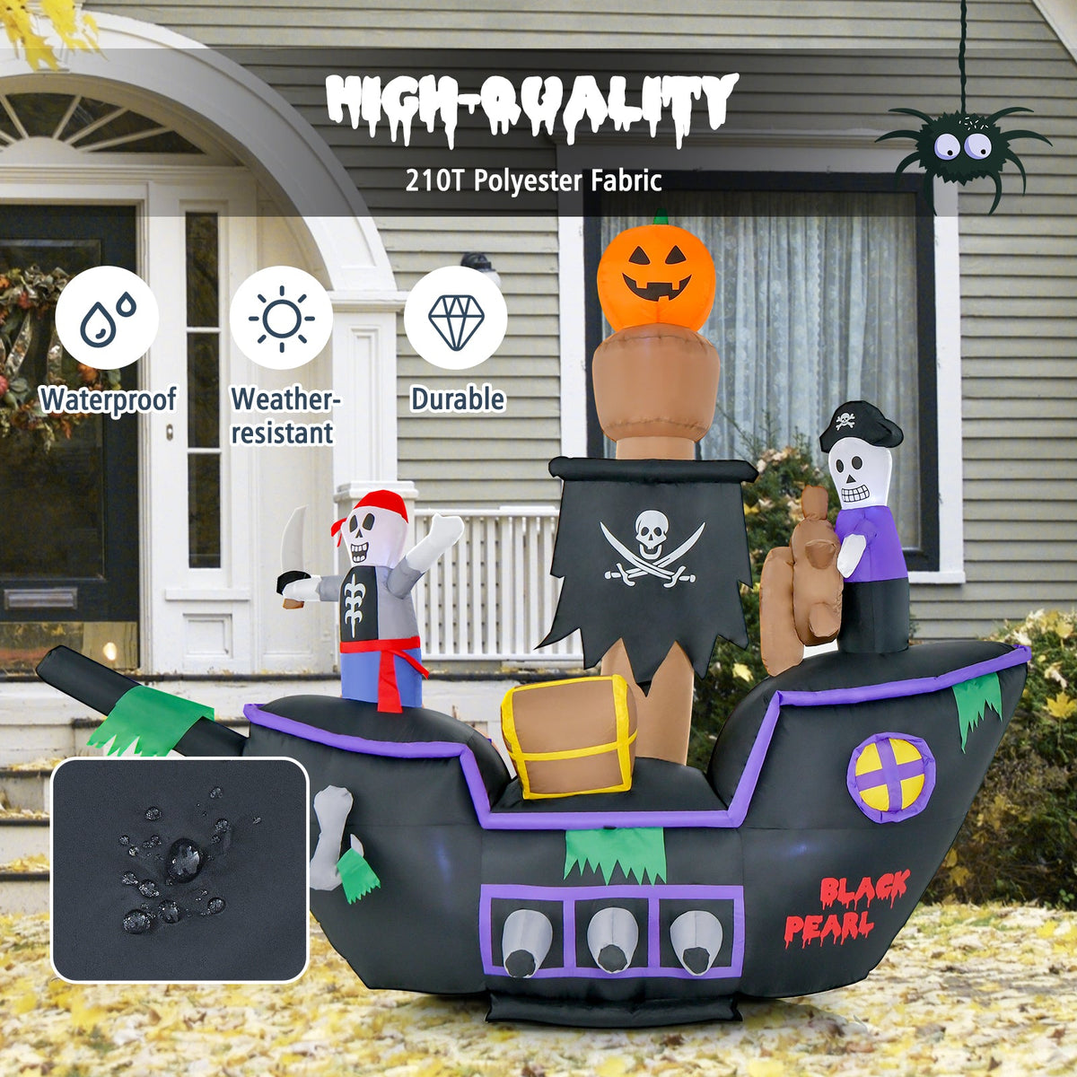 7 Feet Long Halloween Inflatable Pirate Ship with LED Lights Blower, black with purple trim on Tampa Home & Garden Store
