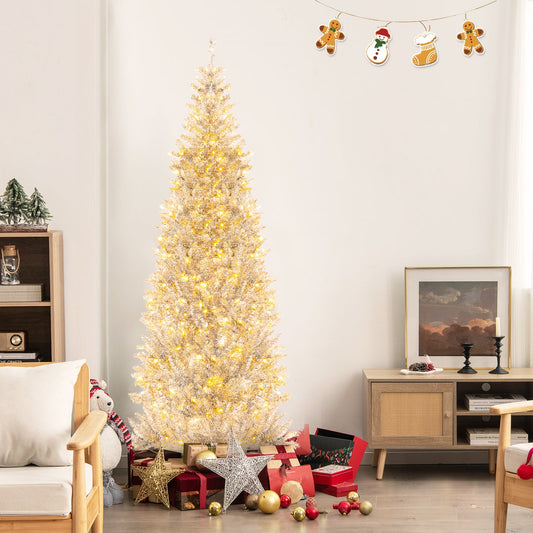 6/7 FT Pre-Lit Artificial Silver Tinsel Xmas Tree with 790 Branch Tips and 300 LED Lights - Tampa Home & Garden Store