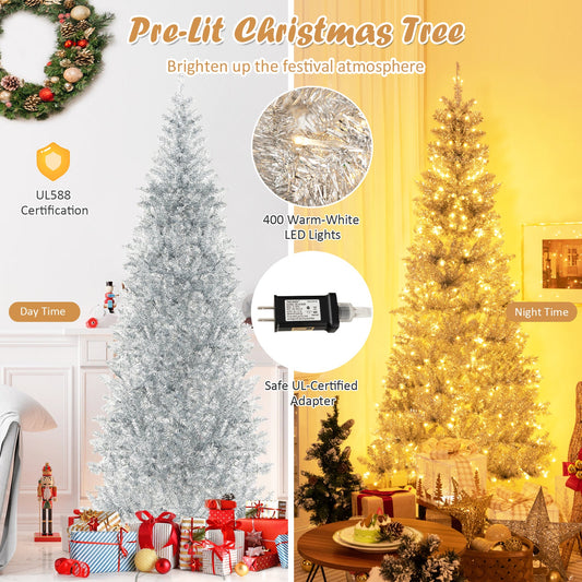 6/7 FT Pre-Lit Artificial Silver Tinsel Xmas Tree with 790 Branch Tips and 300 LED Lights - Tampa Home & Garden Store