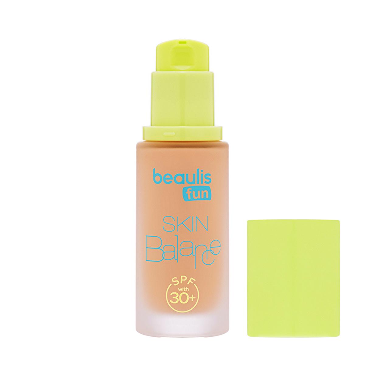 Foundation Beaulis Fun Skin Balance SPF 30+ beige bottle with lime-green pump, Beauty Care Bag on Tampa Home & Garden Store