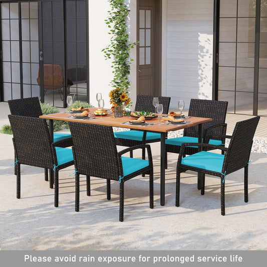 7 Pieces Outdoor Dining Set Acacia Wood Table with Umbrella Hole and Cushions - Tampa Home & Garden Store