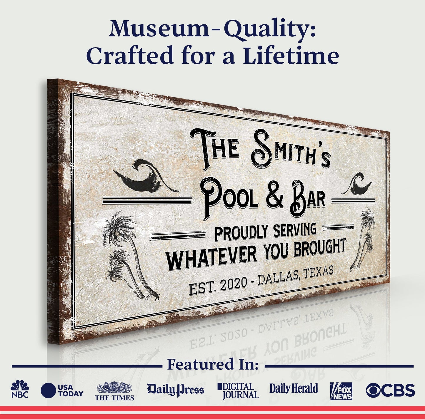 Personalized Rustic Pool Sign Canvas by Tailored Canvases with palm trees and serif text on Tampa Home & Garden Store