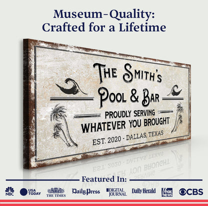 Personalized Rustic Pool Sign Canvas by Tailored Canvases with palm trees and serif text on Tampa Home & Garden Store