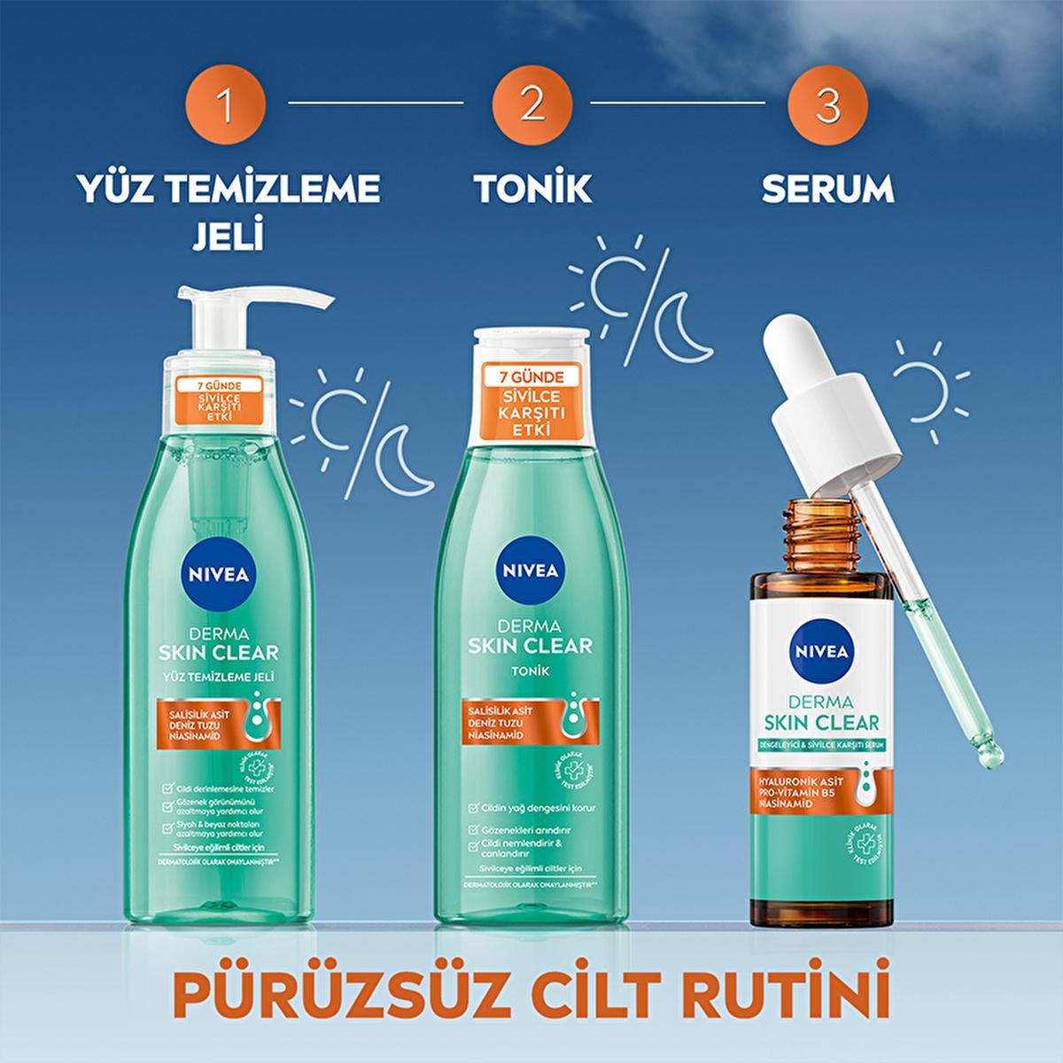 NIVEA Derma Skin Clear 3-piece set: cleansing gel, toner, and serum bottles on blue gradient on Tampa Home & Garden Store