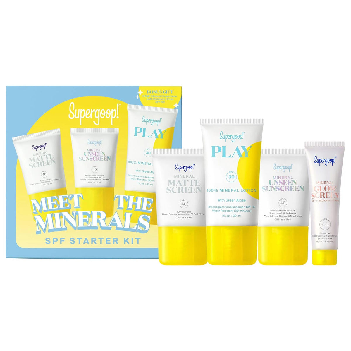 Supergoop Meet the Minerals SPF Starter Kit mineral sunscreen tubes SPF 30–40 on a blue and yellow box on Tampa Home & Garden Store