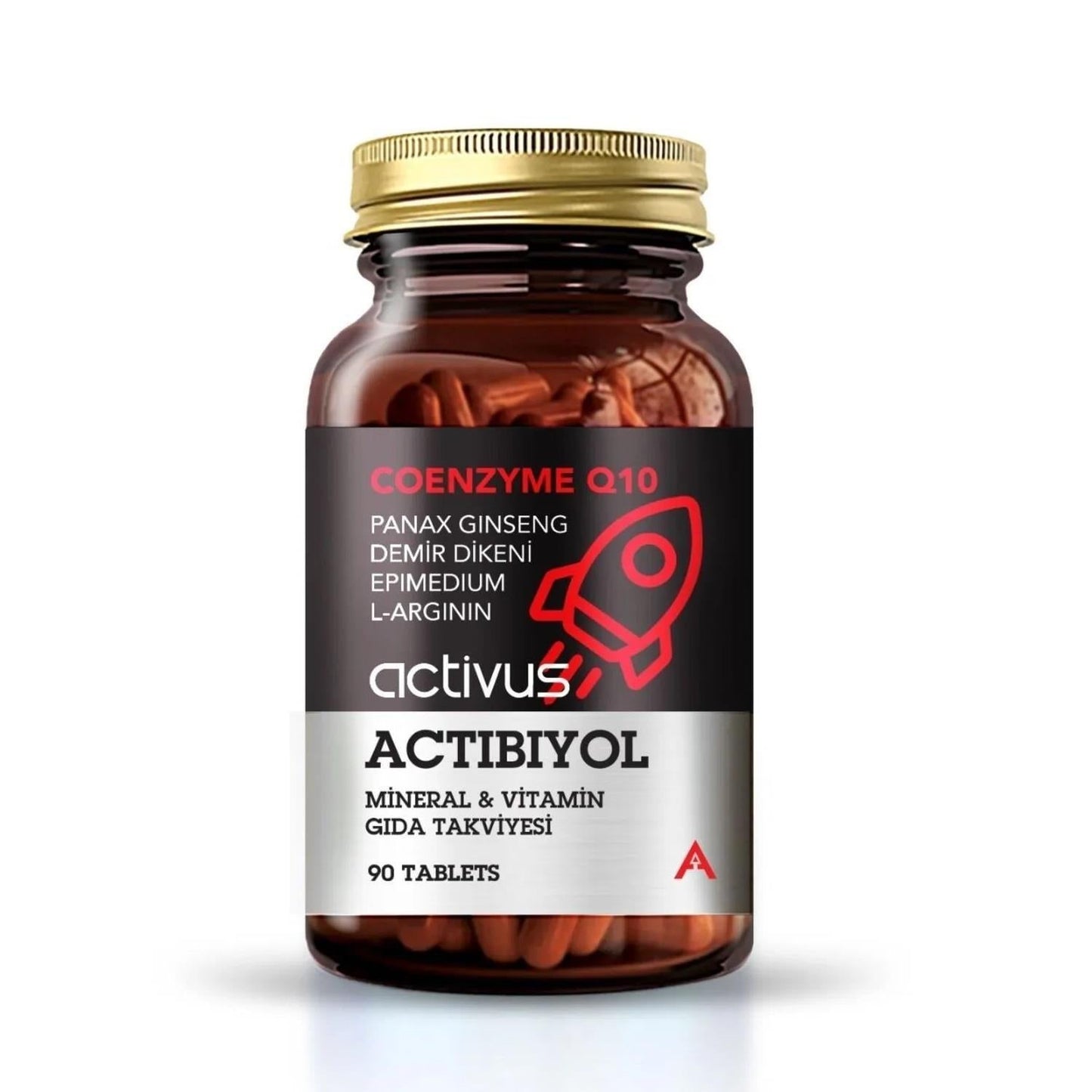 Actibiyol L-Arginine CoQ10 Ginseng tablets bottle, brown glass gold cap and red rocket label on Tampa Home & Garden Store