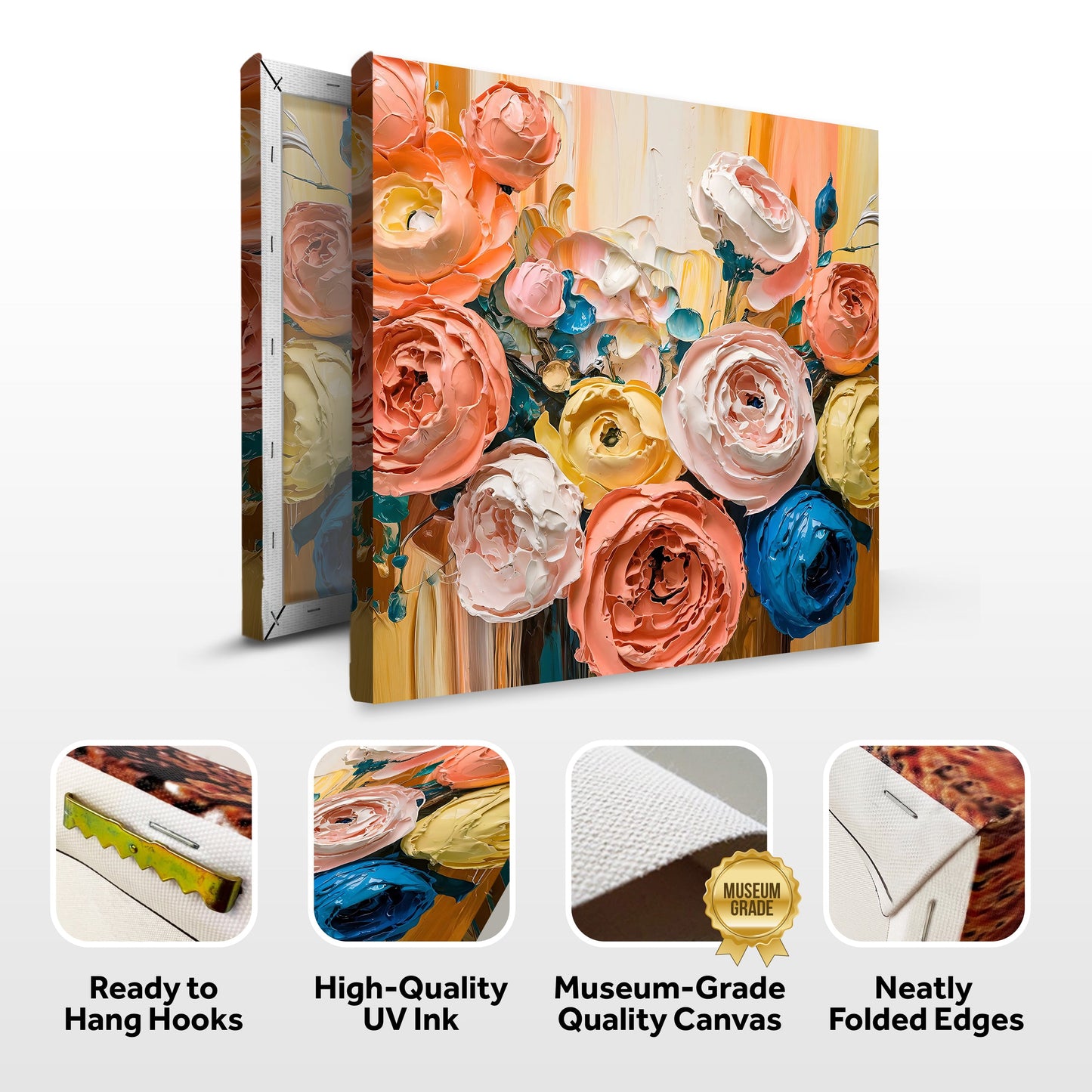 Blooming Bouquet Wall Art canvas by Tailored Canvases with impasto pink, peach, and cream roses on Tampa Home & Garden Store