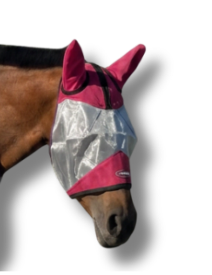 ByeBye Fly Mask by TailCinch Equine Products, magenta and silver fly mask on horse on Tampa Home & Garden Store