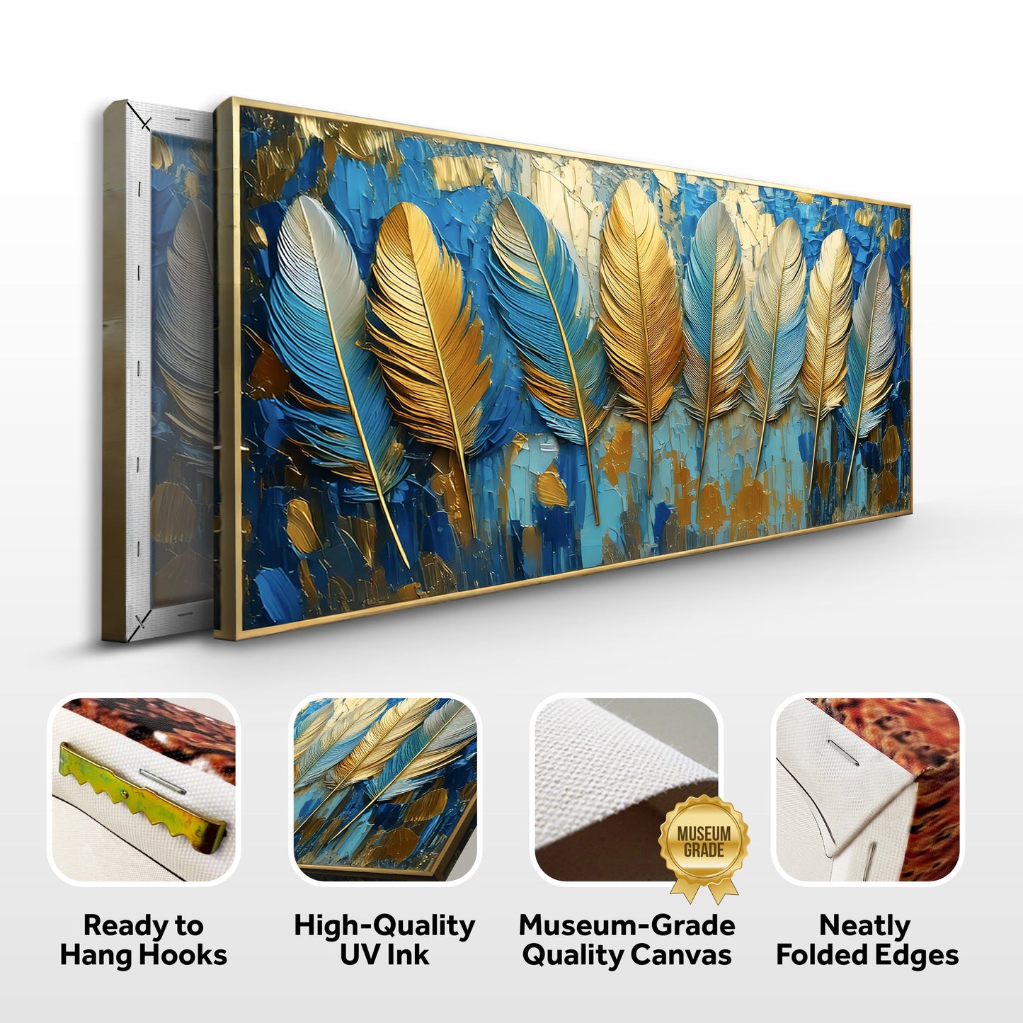 Confetti Sky Wall Art canvas by Tailored Canvases; blue and gold leaf texture, gold frame on Tampa Home & Garden Store