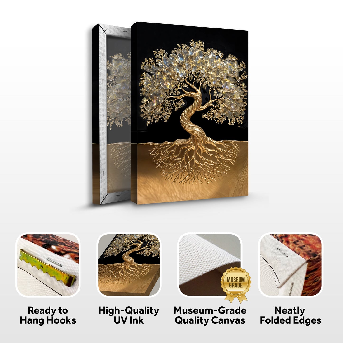 3D Minimalist Tree of Life canvas wall art with golden tree and gemstone leaves on black background on Tampa Home & Garden Store