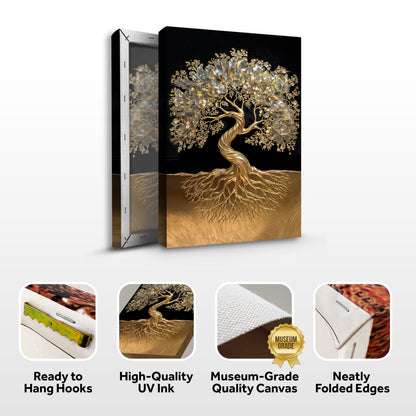 3D Minimalist Tree of Life canvas wall art with golden tree and gemstone leaves on black background on Tampa Home & Garden Store