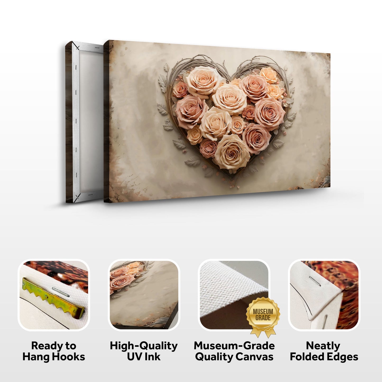 3D Floral Heart Wall Art III canvas with peach roses in a heart on beige backdrop on Tampa Home & Garden Store