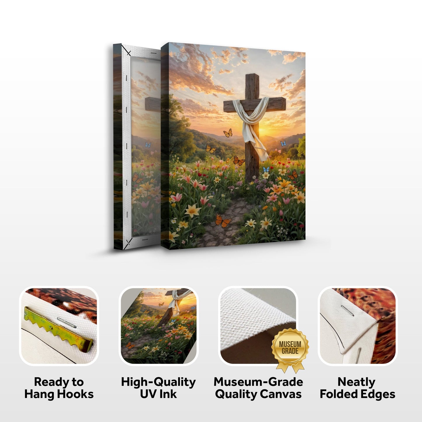 Cross and Flowers Faith Wall Art by Tailored Canvases with a cross and draped cloth in meadow on Tampa Home & Garden Store