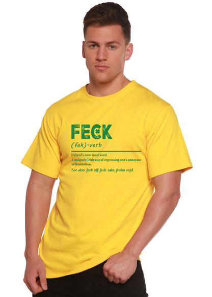 Feck Irish St Patricks Day T-shirt yellow with green graphic text Spun Bamboo on Tampa Home & Garden Store