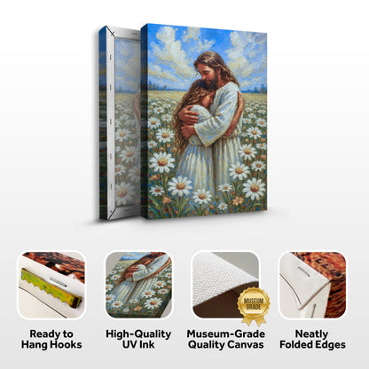 Jesus With Children Faith Wall Art canvas; gentle Jesus hugs child in daisy field on Tampa Home & Garden Store
