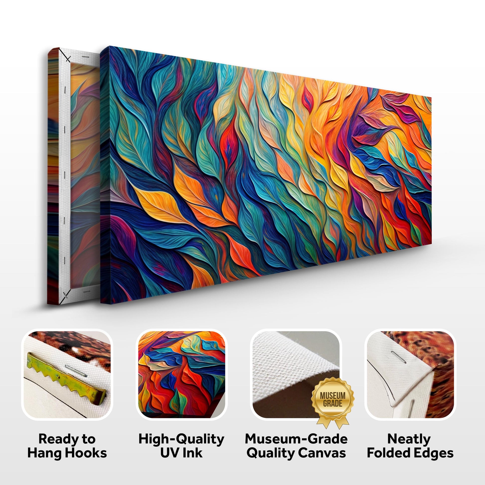 Chroma Whispers Canvas by Tailored Canvases with vivid multicolor leaflike swirls on Tampa Home & Garden Store