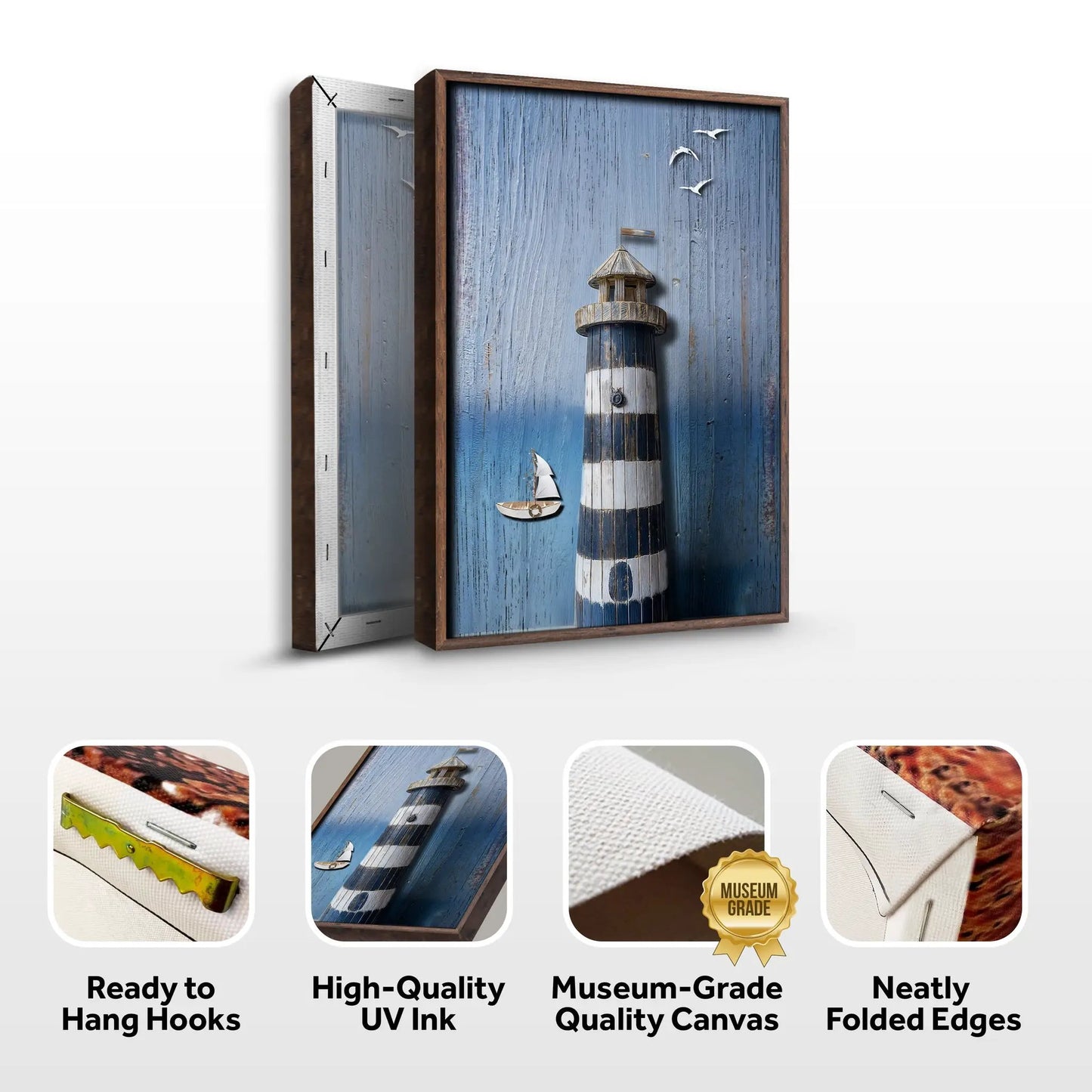 Wooden Lighthouse Coastal Wall Art III canvas by Tailored Canvases, blue weathered backdrop on Tampa Home & Garden Store