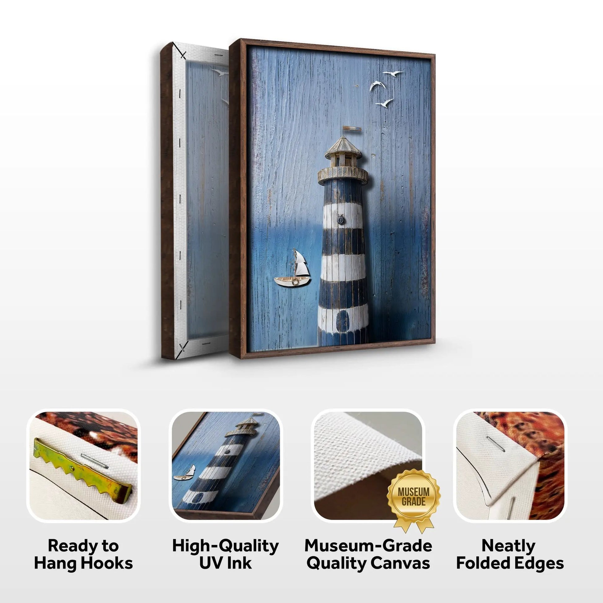 Wooden Lighthouse Coastal Wall Art III canvas by Tailored Canvases, blue weathered backdrop on Tampa Home & Garden Store