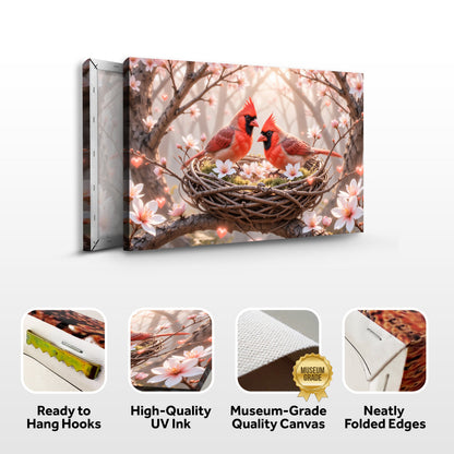 3D Cardinals Wall Art canvas by Tailored Canvases; red cardinals in a nest among blossoms on Tampa Home & Garden Store