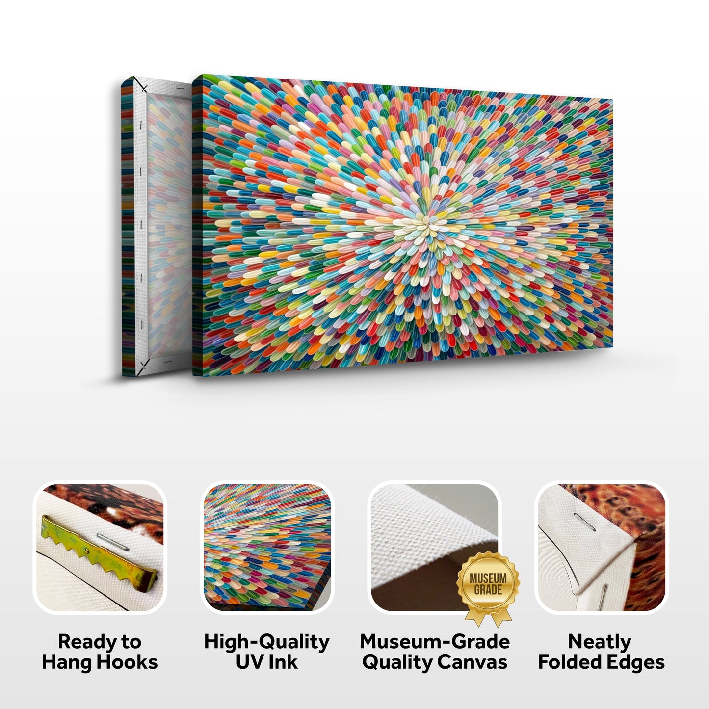 Radiant Bloom Abstract Wall Art canvas set of 2 with vibrant rainbow spiral pattern Tailored Canvases on Tampa Home & Garden Store