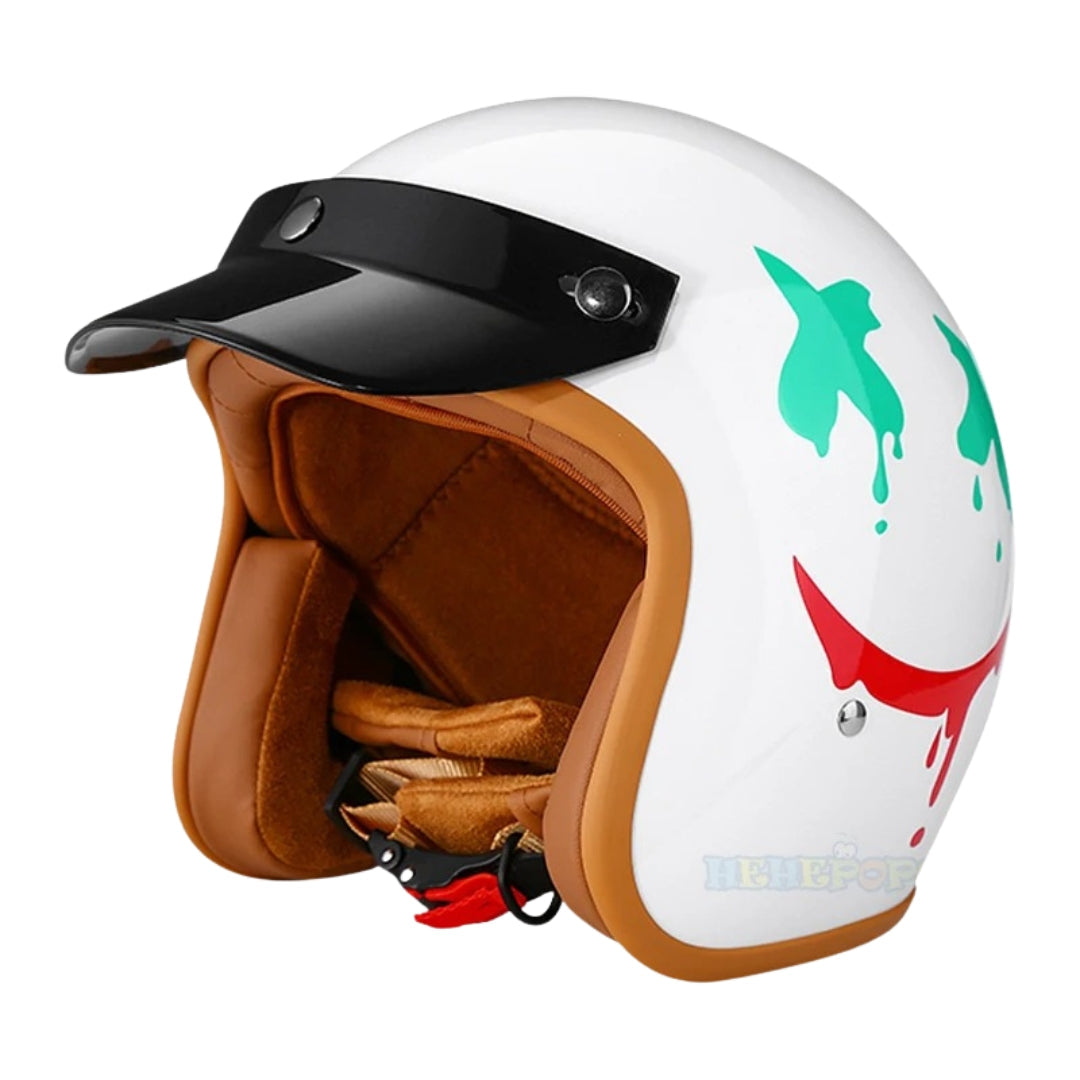 The Street King open-face helmet white shell with teal graphics black visor tan interior on Tampa Home & Garden Store