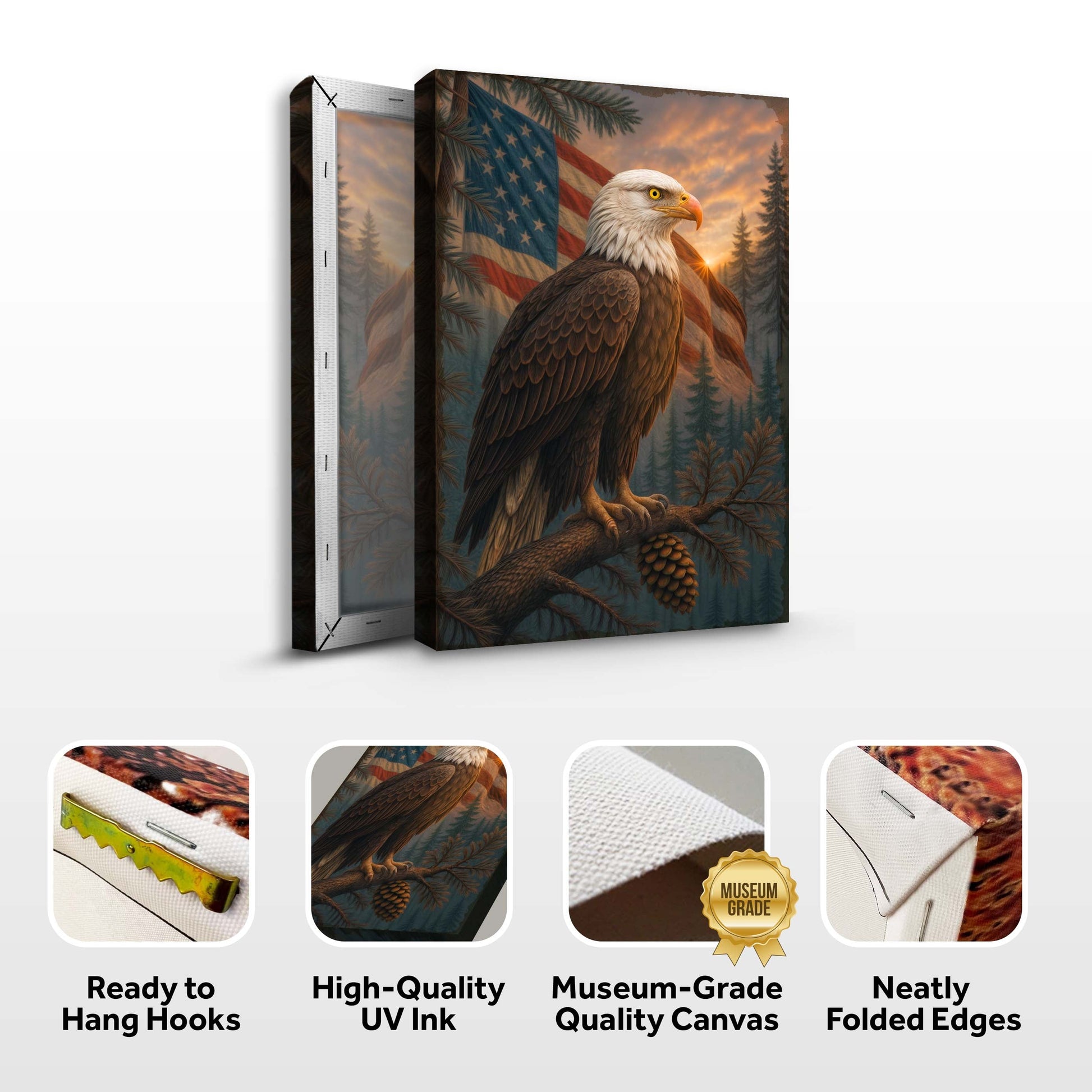Sentinel of the Pines Eagle Wall Art canvas with American flag backdrop on Tampa Home & Garden Store