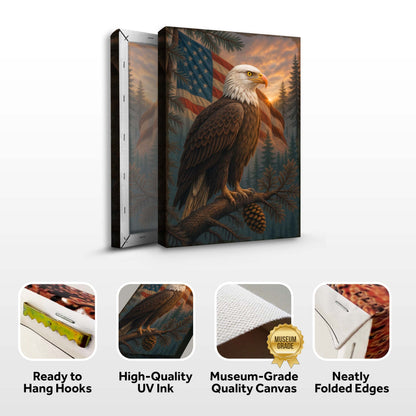 Sentinel of the Pines Eagle Wall Art canvas with American flag backdrop on Tampa Home & Garden Store