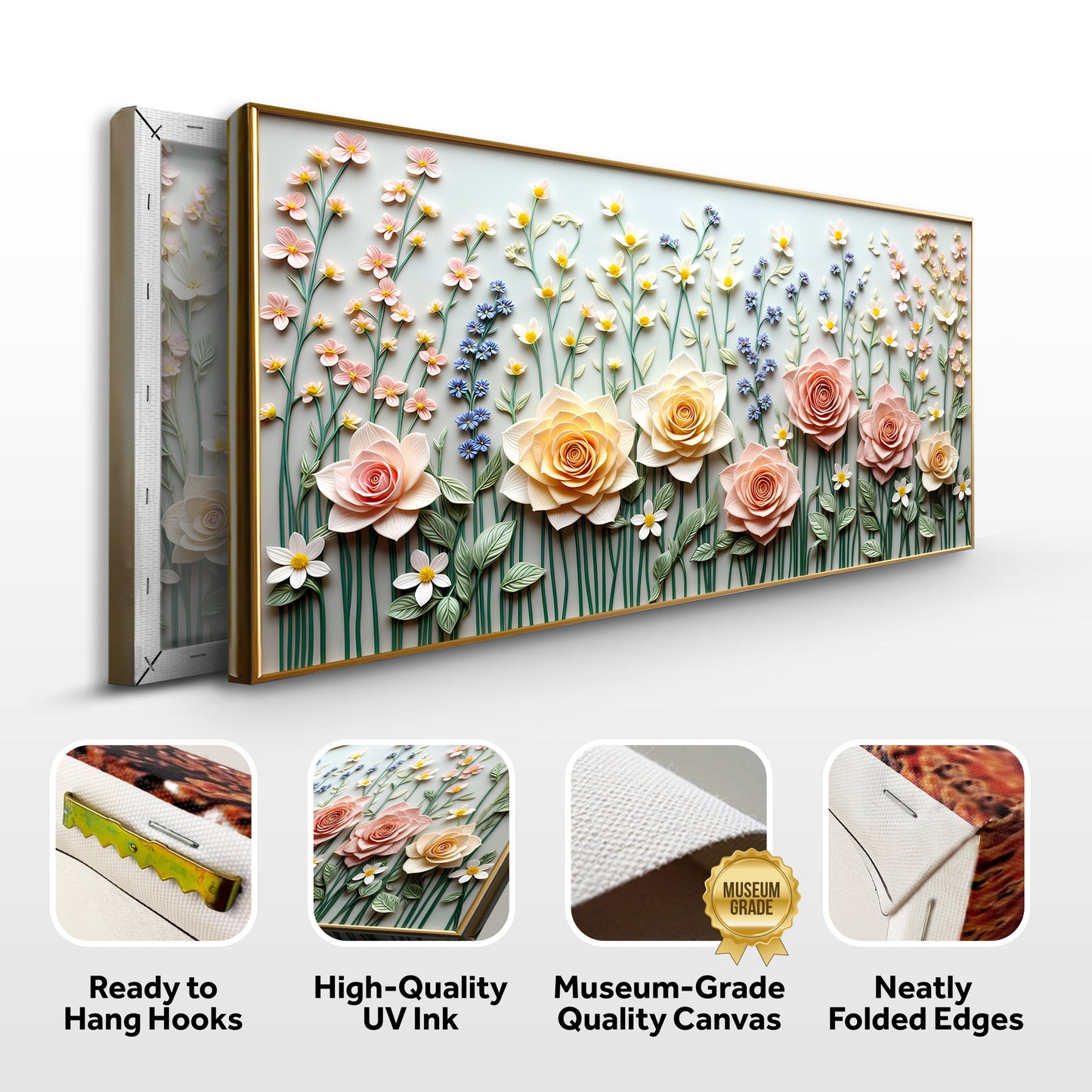 Garden Rhapsody Wall Art canvas by Tailored Canvases featuring 3D pastel blooms in a gold frame on Tampa Home & Garden Store