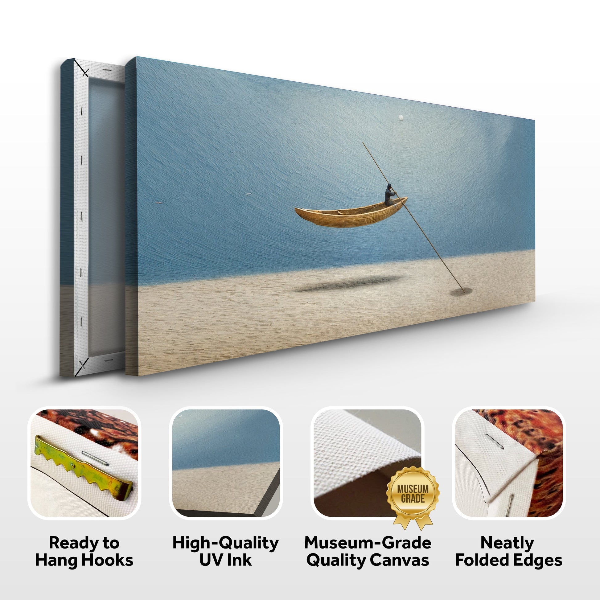 Sand Drifter Wall Art canvas by Tailored Canvases, serene blue ocean with a lone canoe on Tampa Home & Garden Store
