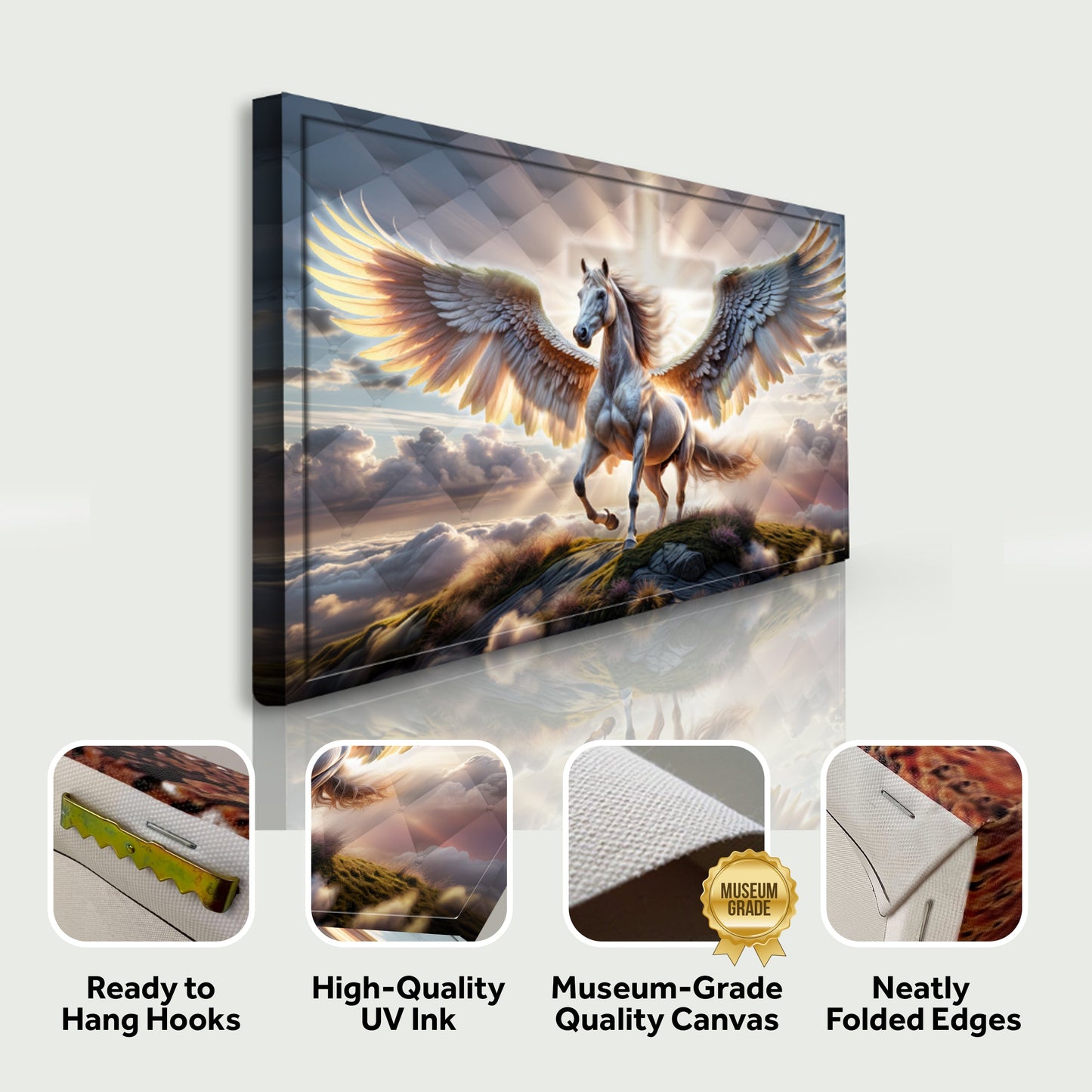 3D Horse Faith Wall Art VI canvas by Tailored Canvases, winged horse soaring above clouds on Tampa Home & Garden Store