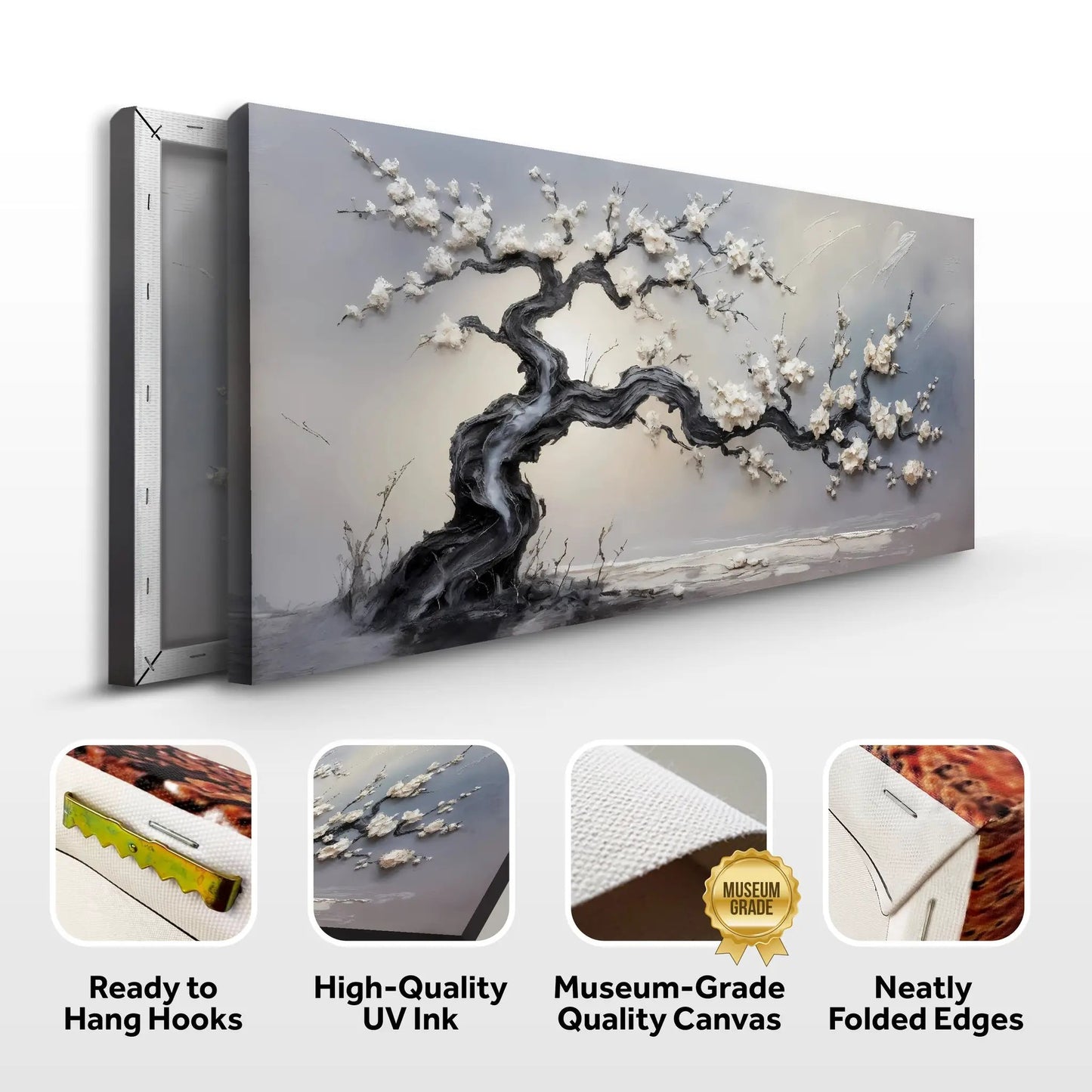 White Blossom Wall Art Canvas by Tailored Canvases in gray with blooming branches on Tampa Home & Garden Store