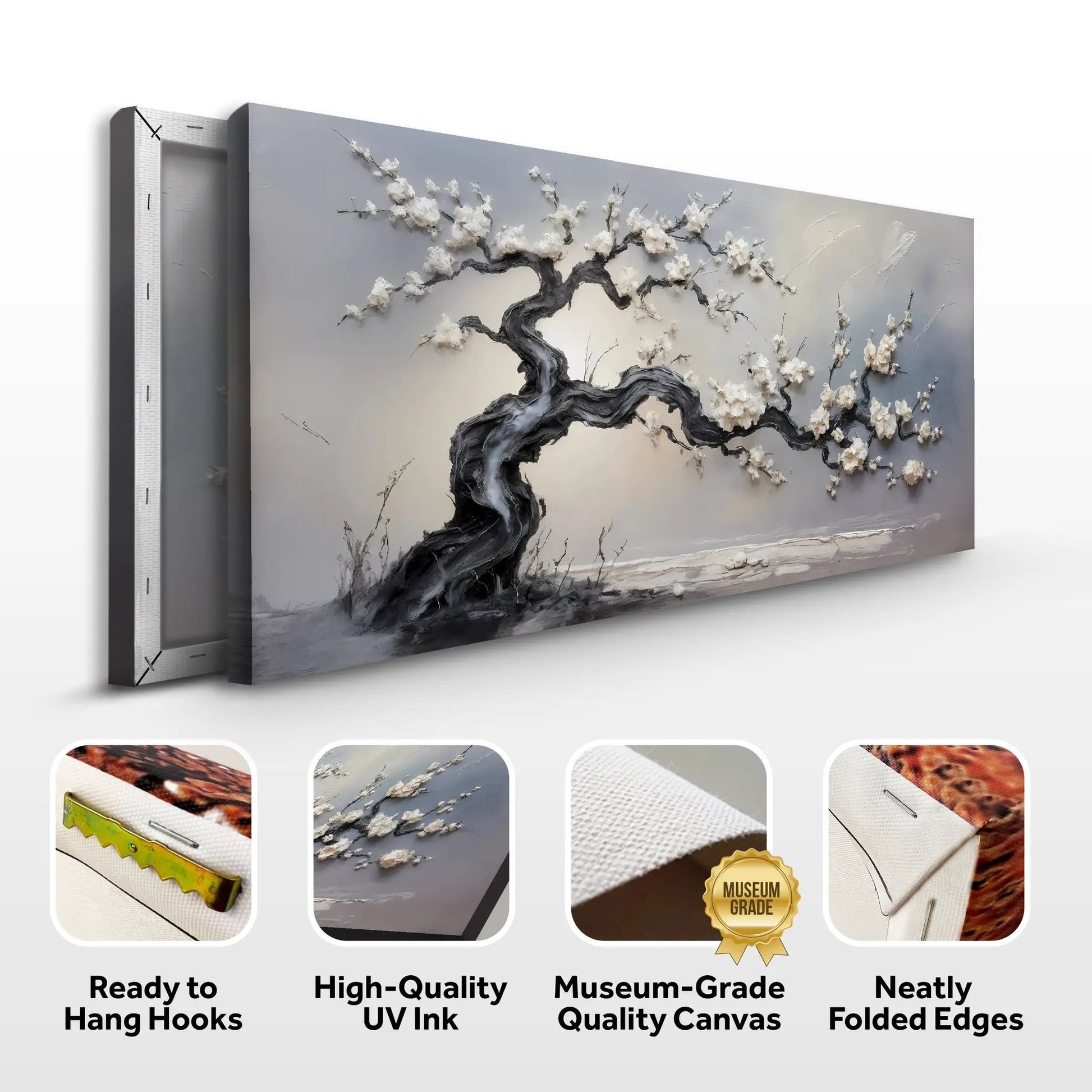 White Blossom Wall Art Canvas by Tailored Canvases in gray with blooming branches on Tampa Home & Garden Store
