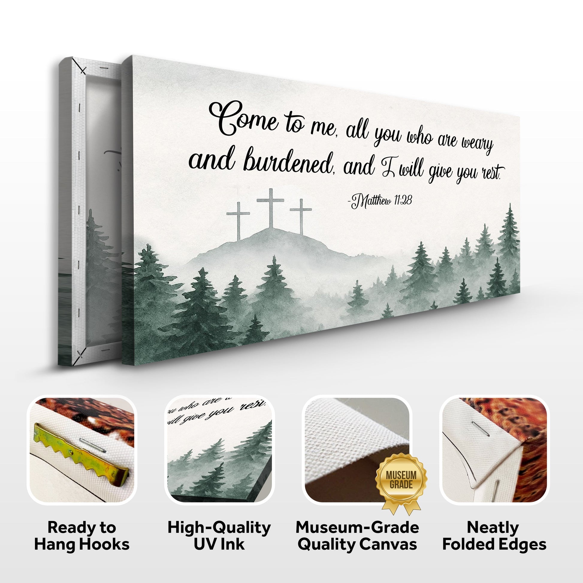 Canvas faith sign Come To Me Matthew 11:28 with mountain forest scene and crosses on Tampa Home & Garden Store