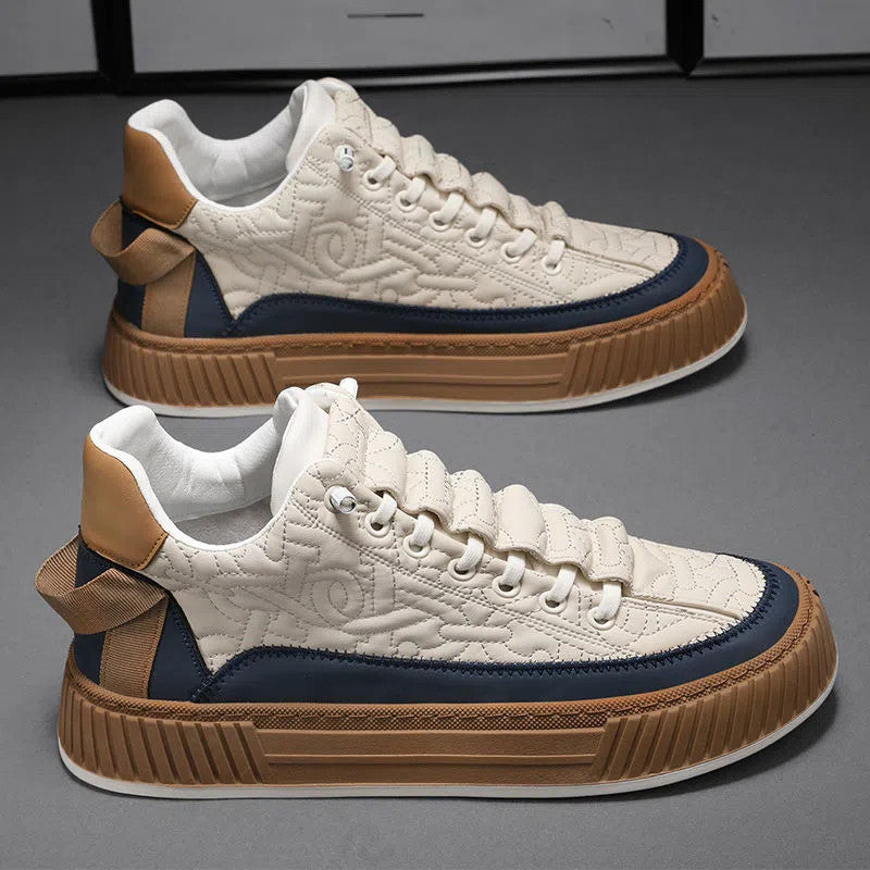 Stevvex men's sneakers pair with cream quilted upper, navy trim, chunky brown sole on Tampa Home & Garden Store