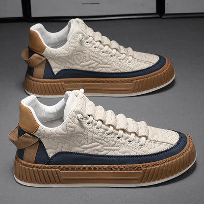 Stevvex men's sneakers pair with cream quilted upper, navy trim, chunky brown sole on Tampa Home & Garden Store