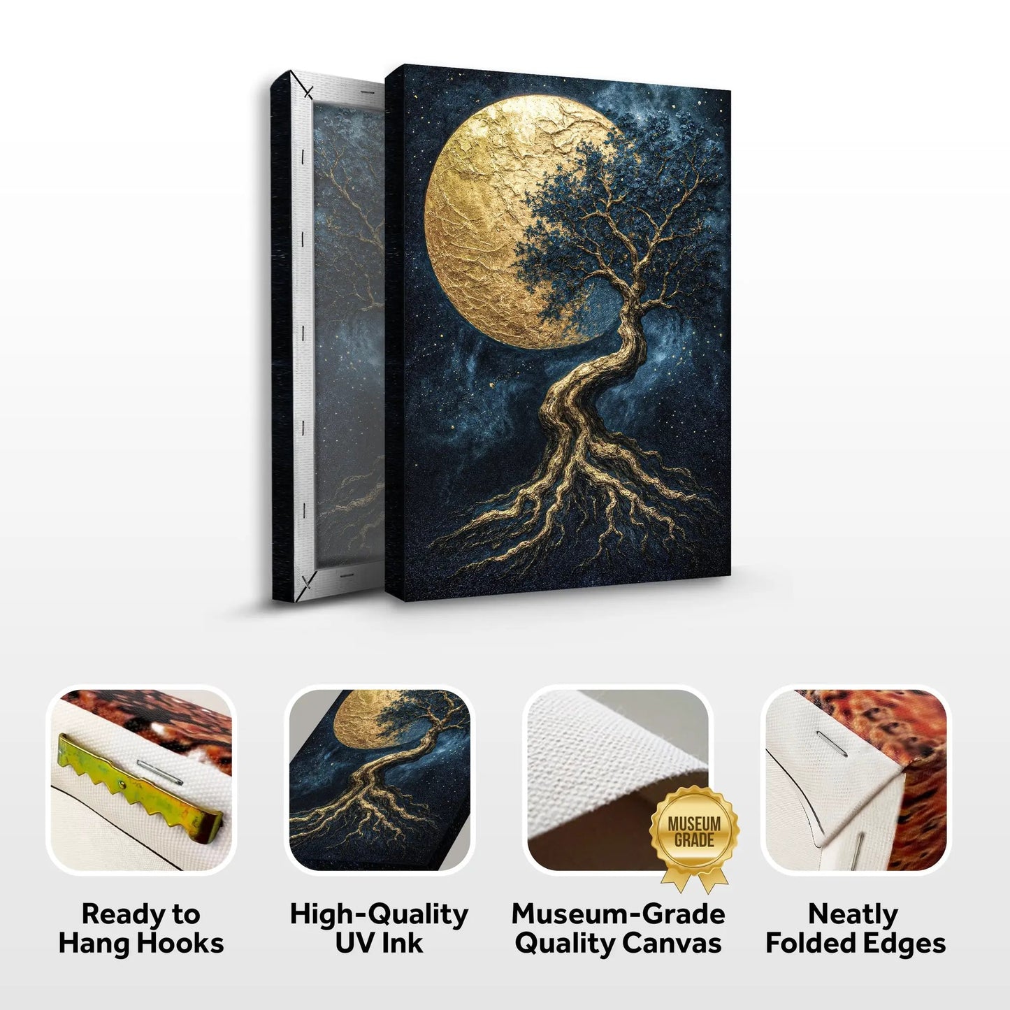 Canvas Lunar Tree of Life by Tailored Canvases with a gold moon and tree on starry blue on Tampa Home & Garden Store