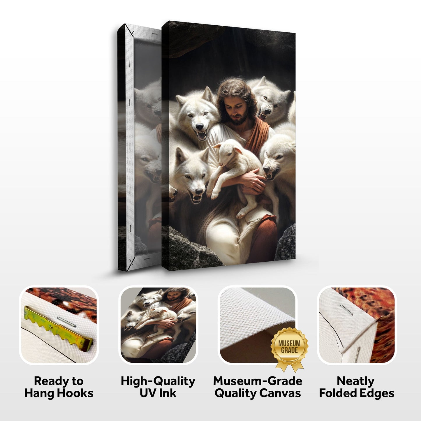 Jesus Protects The Lamb From Wolves Faith Wall Art canvas Tailored Canvases dark backdrop on Tampa Home & Garden Store