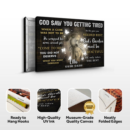 Personalized God Saw You Getting Tired IV memorial canvas with dark wood background on Tampa Home & Garden Store