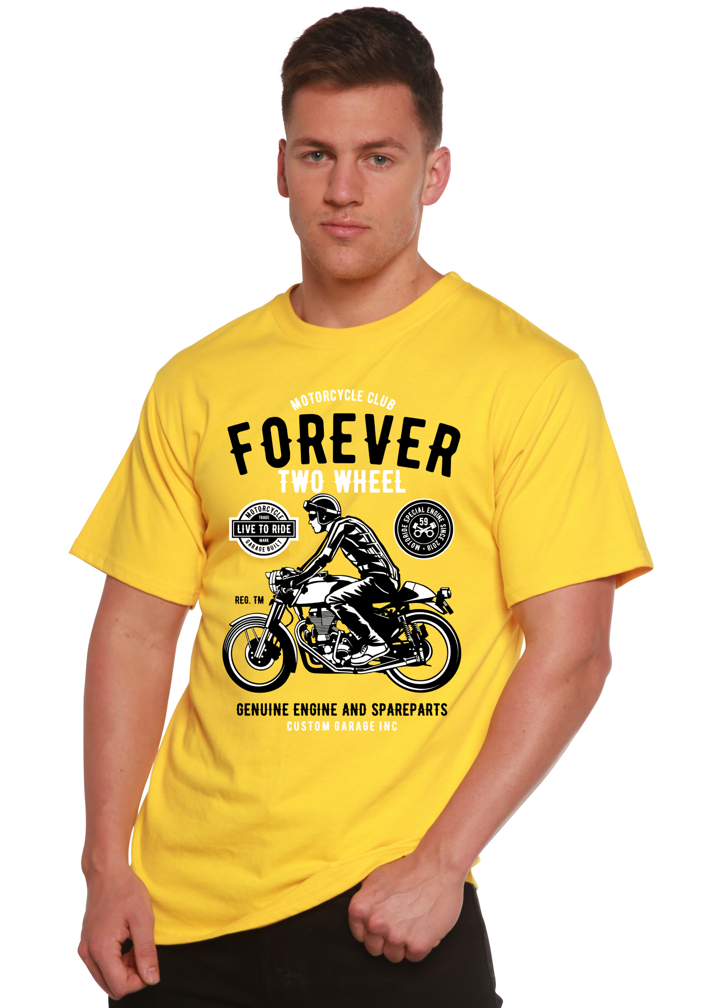 Forever Two Wheel men's bamboo viscose/organic cotton T-shirt yellow with black motorcycle print on Tampa Home & Garden Store