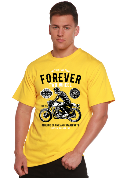Forever Two Wheel men's bamboo viscose/organic cotton T-shirt yellow with black motorcycle print on Tampa Home & Garden Store