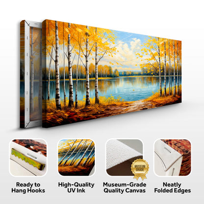Autumn Whispers Canvas triptych by Tailored Canvases; orange leaves birch forest beside a lake on Tampa Home & Garden Store