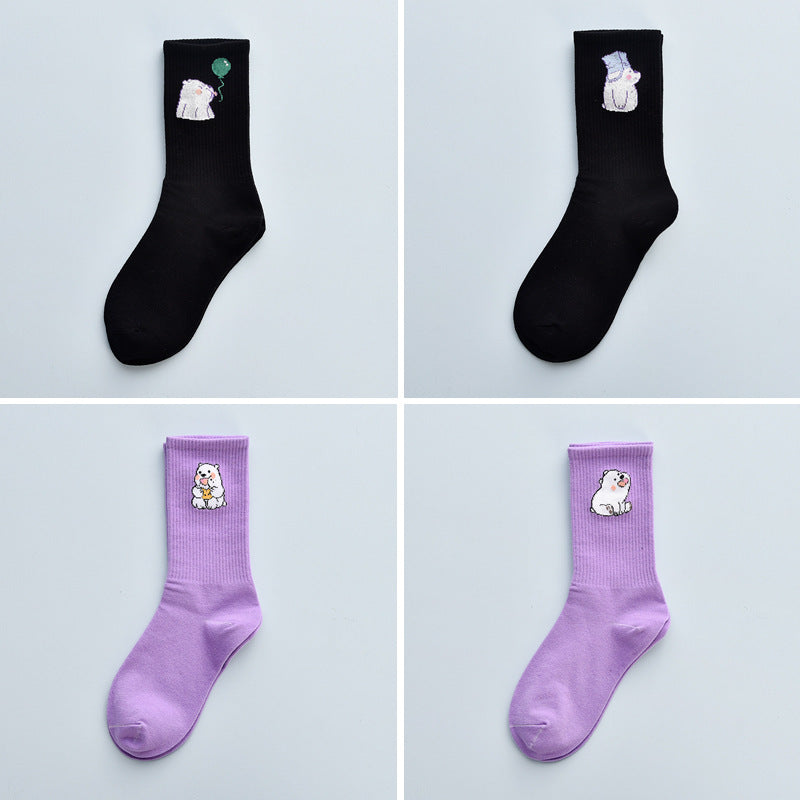 Stevvex 4-pair crew socks set black and lavender with cute bear embroidery cotton on Tampa Home & Garden Store
