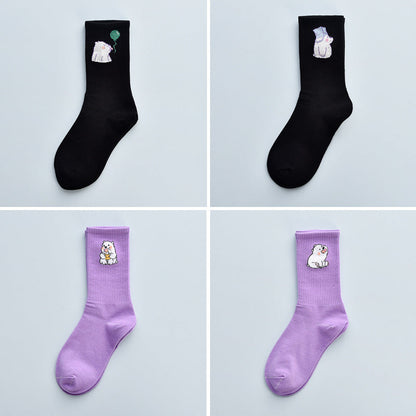 Stevvex 4-pair crew socks set black and lavender with cute bear embroidery cotton on Tampa Home & Garden Store